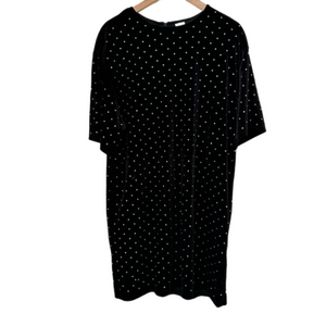 H&M Black Velour-Like Short Sleeve Shift Dress with Silver Polka Dot Detail. M